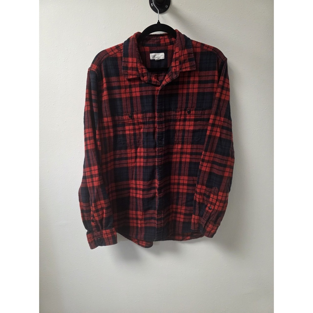 GAP‎ XL Red Black Plaid Flannel Shirt Jacket Button Front Cotton Long Sleeve